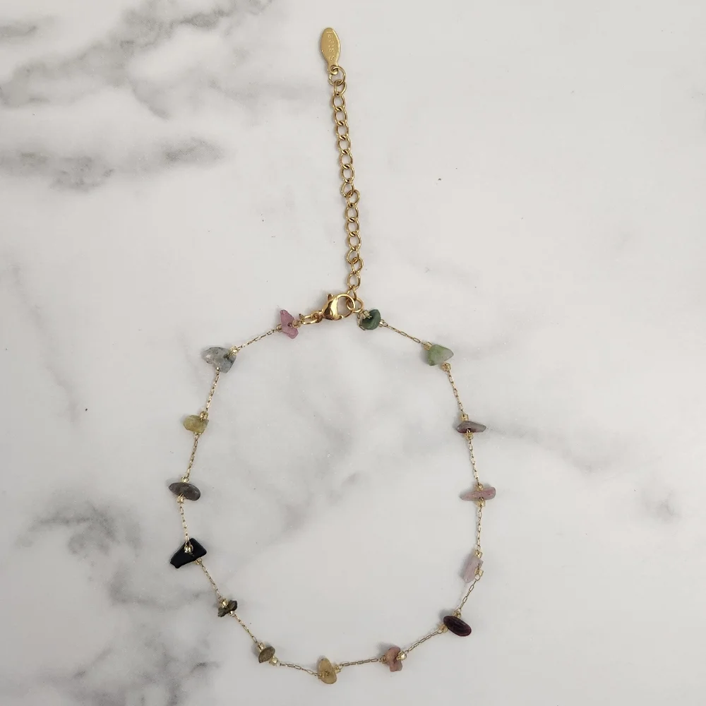 Minimalist Multicolor Dainty Stones 18K Gold Plated Anklet - Picture 11 of 15
